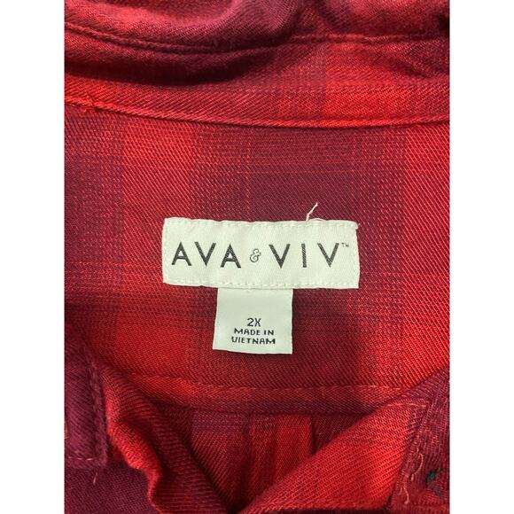 Ava & Viv Button Front Flannel Womens 2X Plaid Red Collar Long Sleeve Tunic - Picture 2 of 10